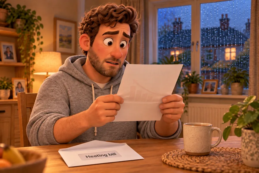 A worried man reading his heating bill at the kitchen table