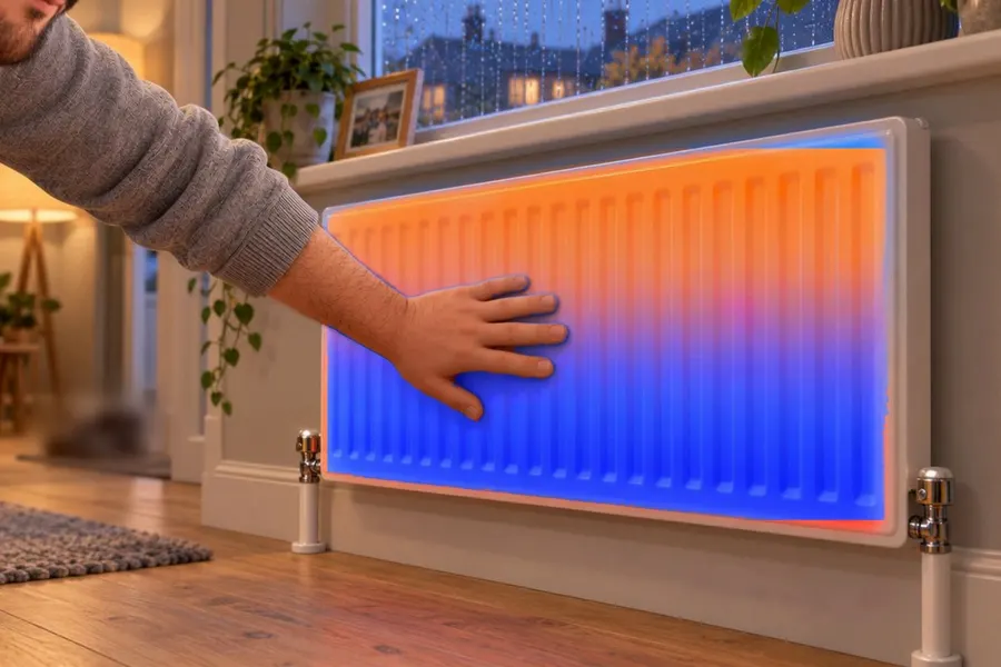 A dad checking a radiator that is warm at the top and cold blue at the bottom
