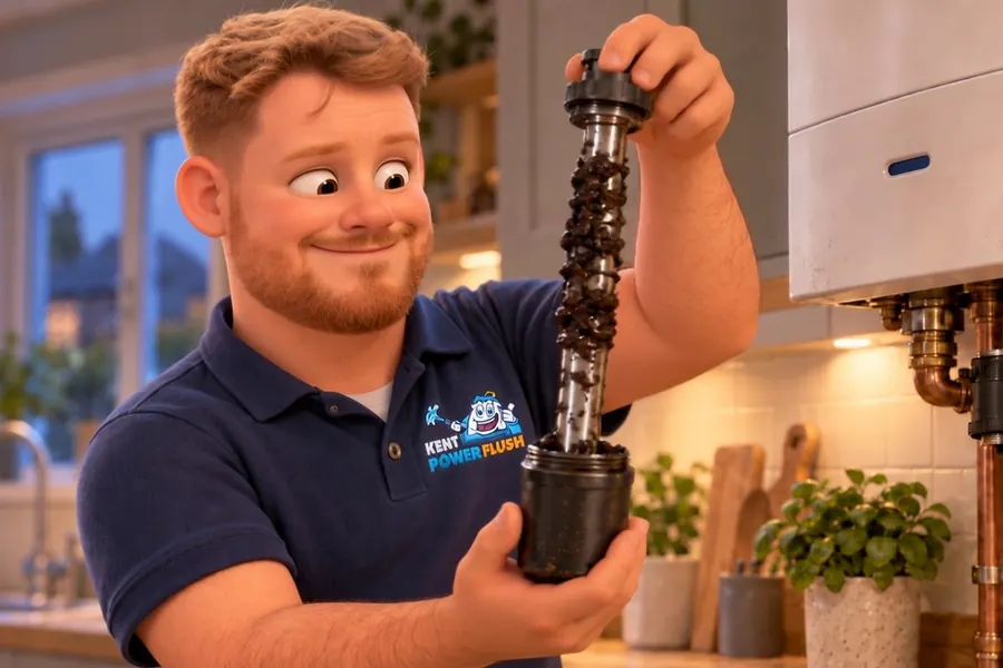 The engineer holding up a magnet rod coated in black sludge